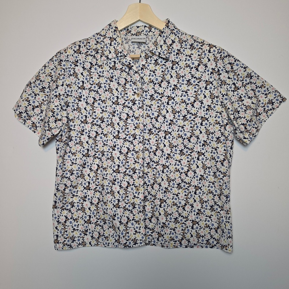 Koret Floral Daisy Print Button Up Short Sleeve Shirt Navy Blue Size 12